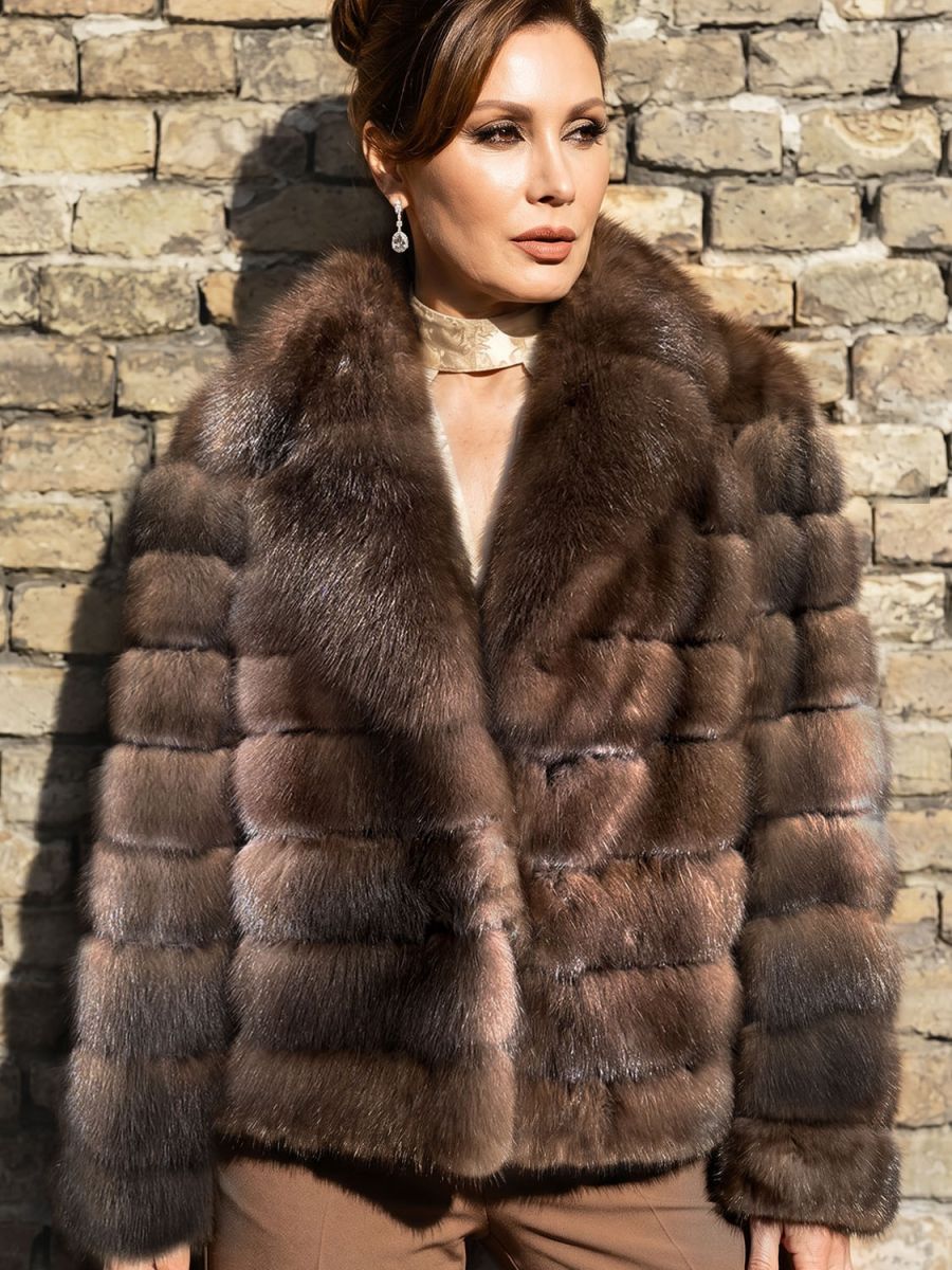 Short sable fur jacket in Mocha Brown, made with small selected skins and horizontal panel construction.