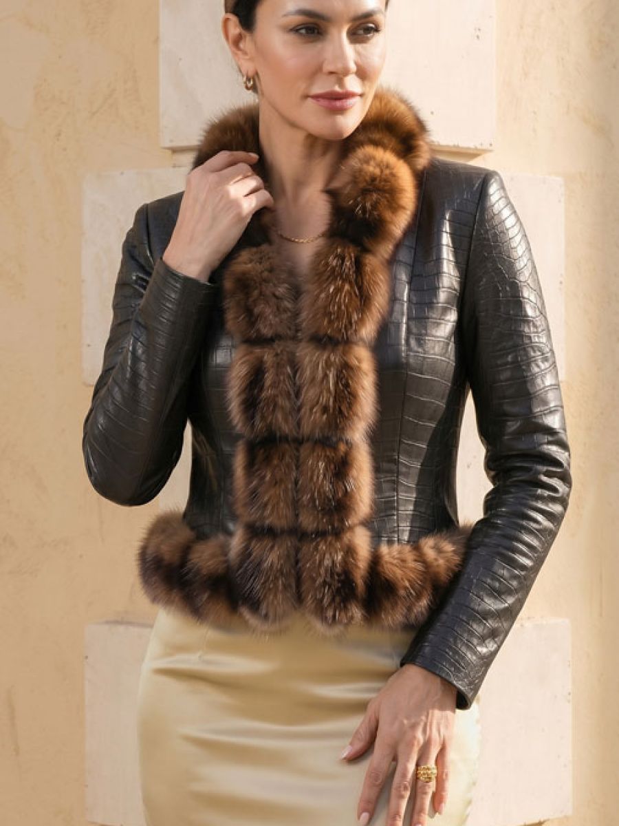 Glossy Onyx Black crocodile leather jacket with sable fur trims.