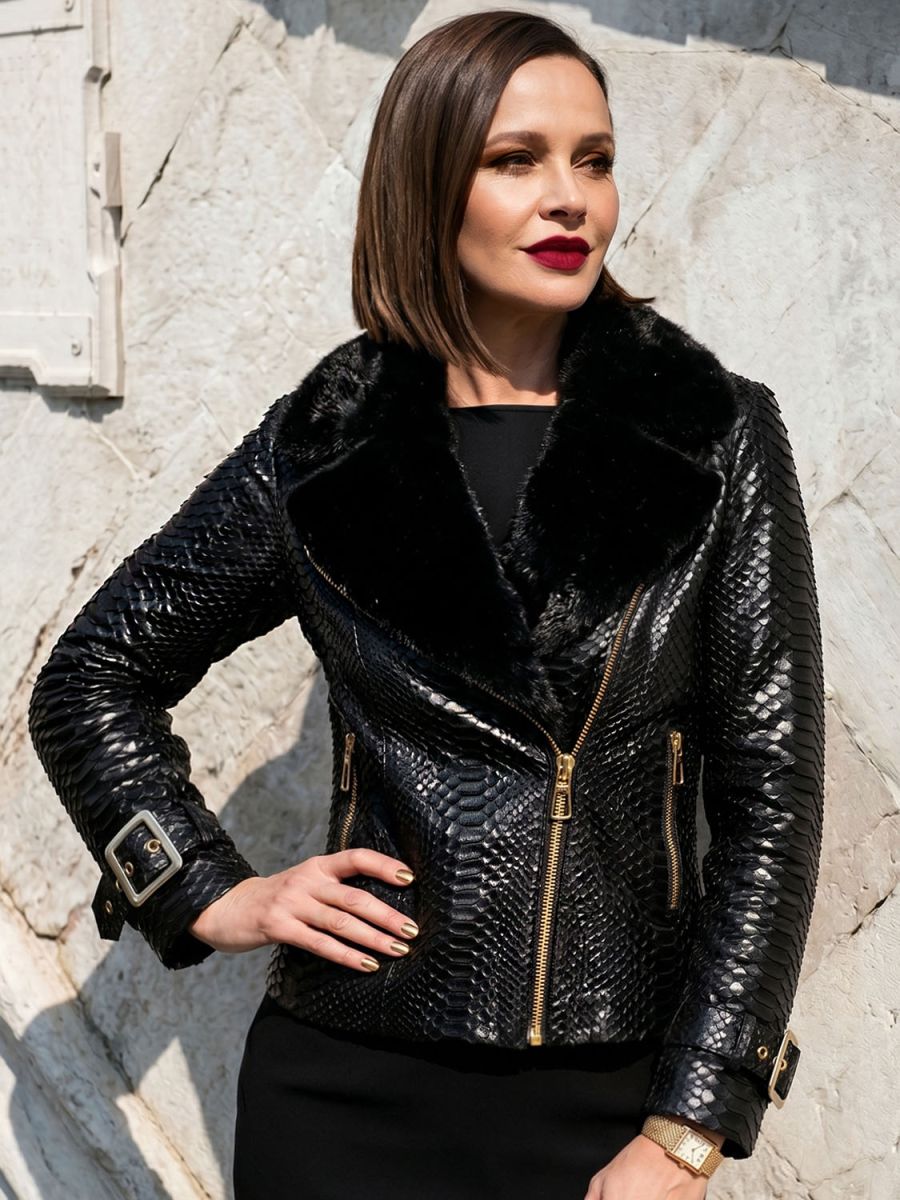 Glossy Black python leather jacket with mink collar.