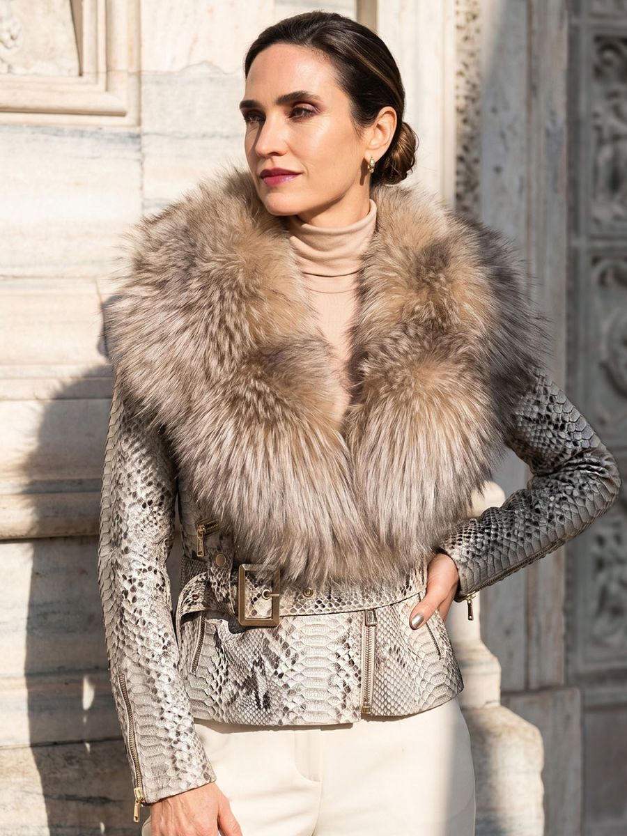 Pearl Grey shaded python leather jacket with arctic fox fur collar.