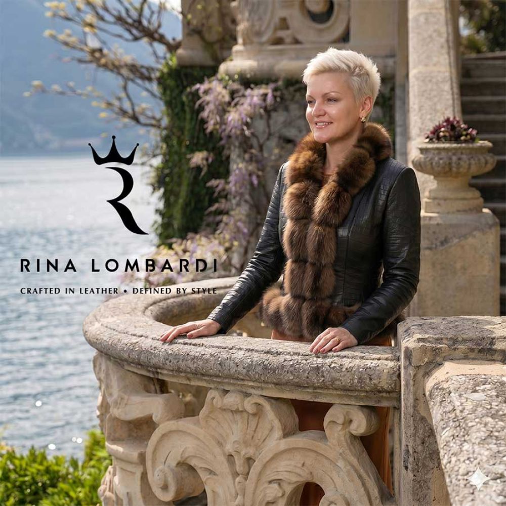 Modella con giacca in pelle di lusso Rina Lombardi sul Lago Maggiore